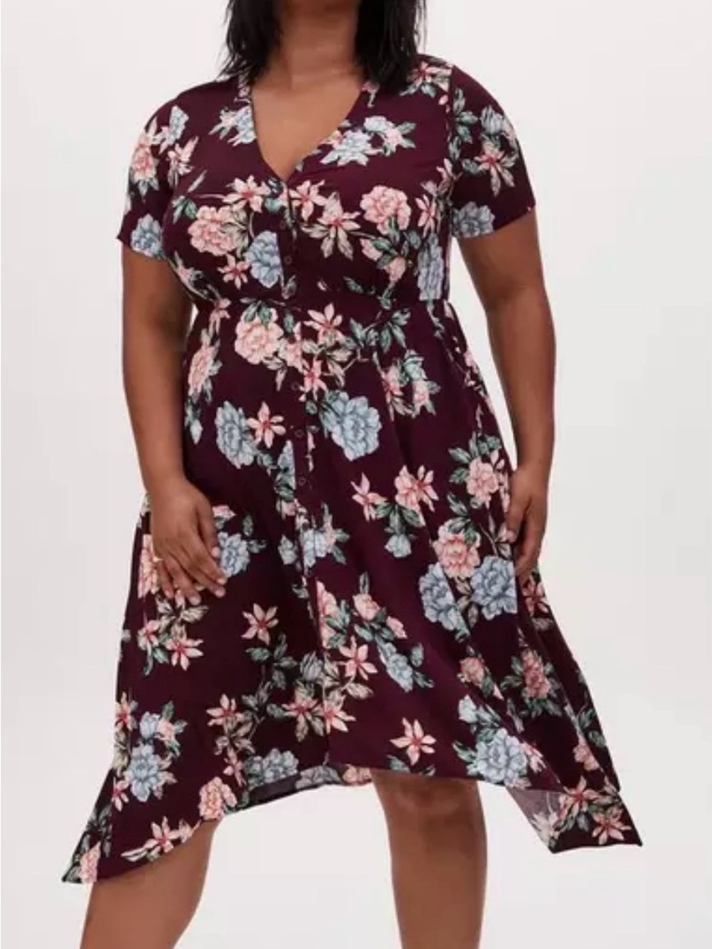 EUC Torrid Burgundy Floral Button Front Midi Challis Shirt Dress Size 4 26 4X